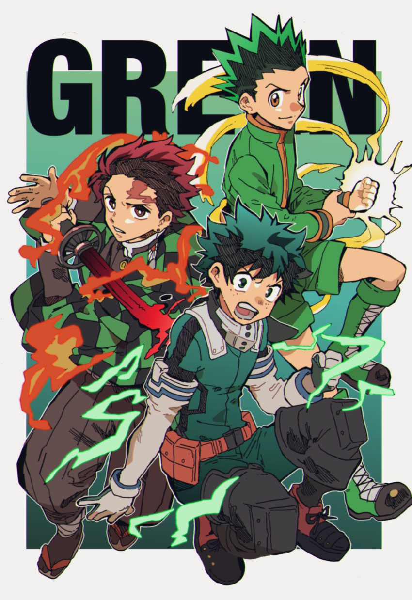 3boys absurdres bishounen bodysuit boku_no_hero_academia brown_hair commentary commentary_request crossover demon_slayer_uniform english_text freckles gloves gon_freecss green_bodysuit green_footwear green_hair green_shorts haori highres holding holding_sword holding_weapon hunter_x_hunter japanese_clothes kamado_tanjirou katana kimetsu_no_yaiba kimono long_sleeves looking_at_viewer male_child male_focus midoriya_izuku multicolored_hair multiple_boys multiple_crossover oishi_gohan11_2 open_mouth scar scar_on_face scar_on_forehead short_hair shorts simple_background smile spiky_hair sword weapon