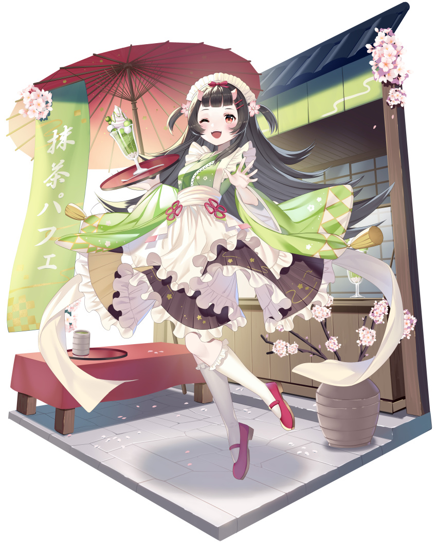 1girl absurdres apron bangs black_hair cup dress flower hair_ornament hair_ribbon hairpin highres holding holding_tray horns ikari_(aor3507) jumping kaguya_hime kneehighs long_hair maid maid_apron maid_headdress one_eye_closed open_mouth outdoors panilla_the_revival parfait plant potted_plant red_ribbon ribbon short_twintails smile socks solo taketori_monogatari teacup tray twintails umbrella wide_sleeves