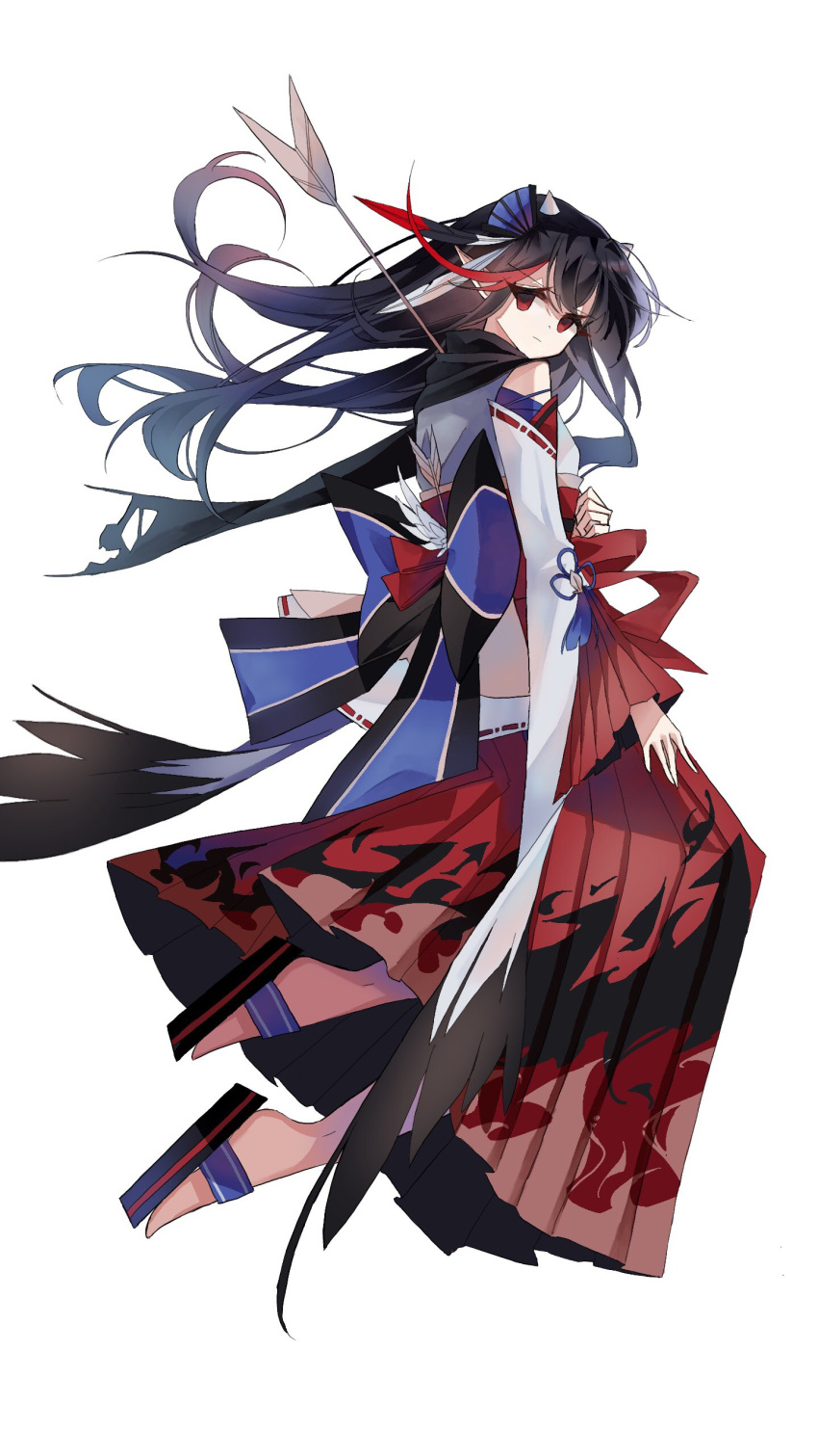 1girl absurdres alternate_costume black_hair closed_mouth full_body highres horns japanese_clothes kijin_seija long_hair miko multicolored_hair petticoat red_eyes red_skirt redhead ribbon-trimmed_sleeves ribbon_trim sandals simple_background skirt smile solo streaked_hair touhou white_background white_hair wide_sleeves zerocf155