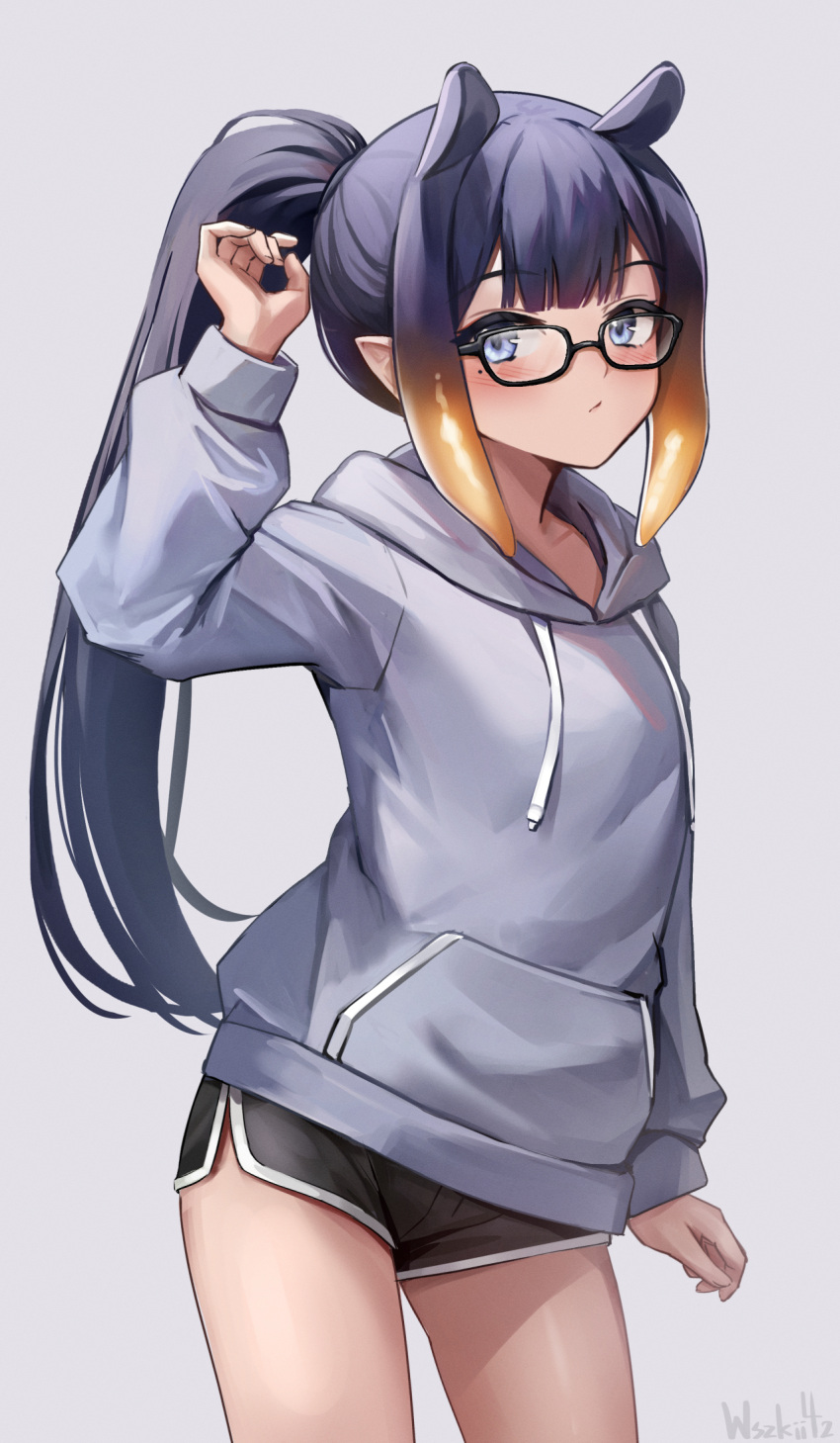 1girl alternate_costume artist_name bespectacled black_shorts blue_eyes casual closed_mouth drawstring extra_ears glasses highres hololive hololive_english hood hoodie long_hair long_sleeves looking_at_viewer ninomae_ina'nis orange_hair pointy_ears ponytail purple_hair short_shorts shorts sidelocks simple_background solo tentacle_hair virtual_youtuber wszkii