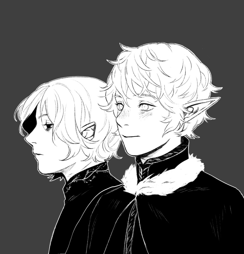 2boys black_coat black_eyes brothers coat dungeon_meshi elf greyscale highres mithrun mithrun's_brother monochrome multiple_boys pointy_ears profile siblings side-by-side tsy white_eyes white_hair