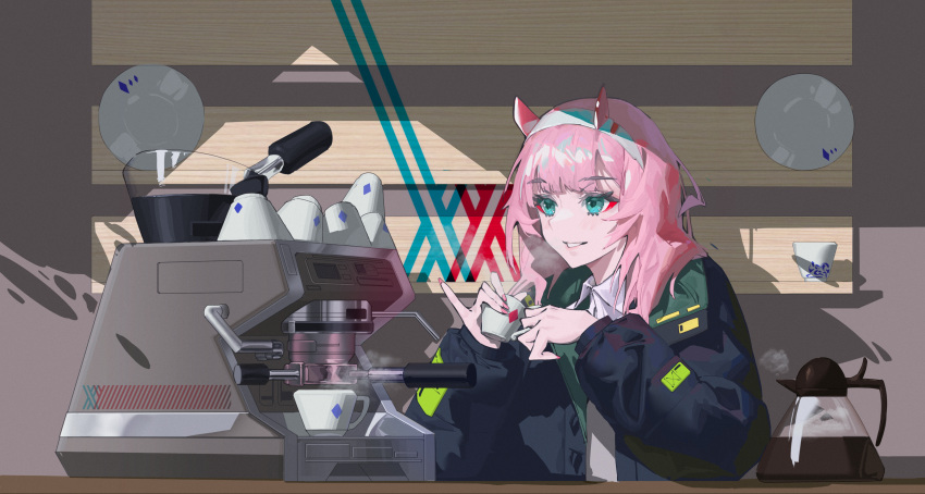 1girl absurdres bangs black_jacket blunt_bangs chinese_commentary coffee_maker_(object) coffee_pot collared_shirt commentary_request cup darling_in_the_franxx elbow_on_table green_eyes hairband highres holding holding_cup horns jacket kanghaha light_blush long_hair long_sleeves looking_afar open_mouth pink_hair pink_horns pink_nails plate red_eyeliner shirt smile smoke solo teeth two-sided_fabric two-sided_jacket upper_body white_hairband white_shirt zero_two_(darling_in_the_franxx)