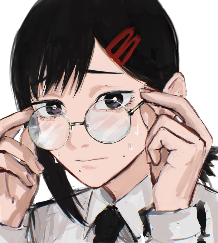 1girl adjusting_eyewear bangs bespectacled black_eyes black_hair black_necktie chainsaw_man closed_mouth collared_shirt fingernails glasses grey-framed_eyewear hair_ornament hairclip higashiyama_kobeni highres holding holding_eyewear looking_at_viewer medium_hair mole mole_under_eye mole_under_mouth necktie raberu_ruru round_eyewear shirt short_ponytail simple_background single_sidelock solo sweat swept_bangs upper_body white_background white_shirt