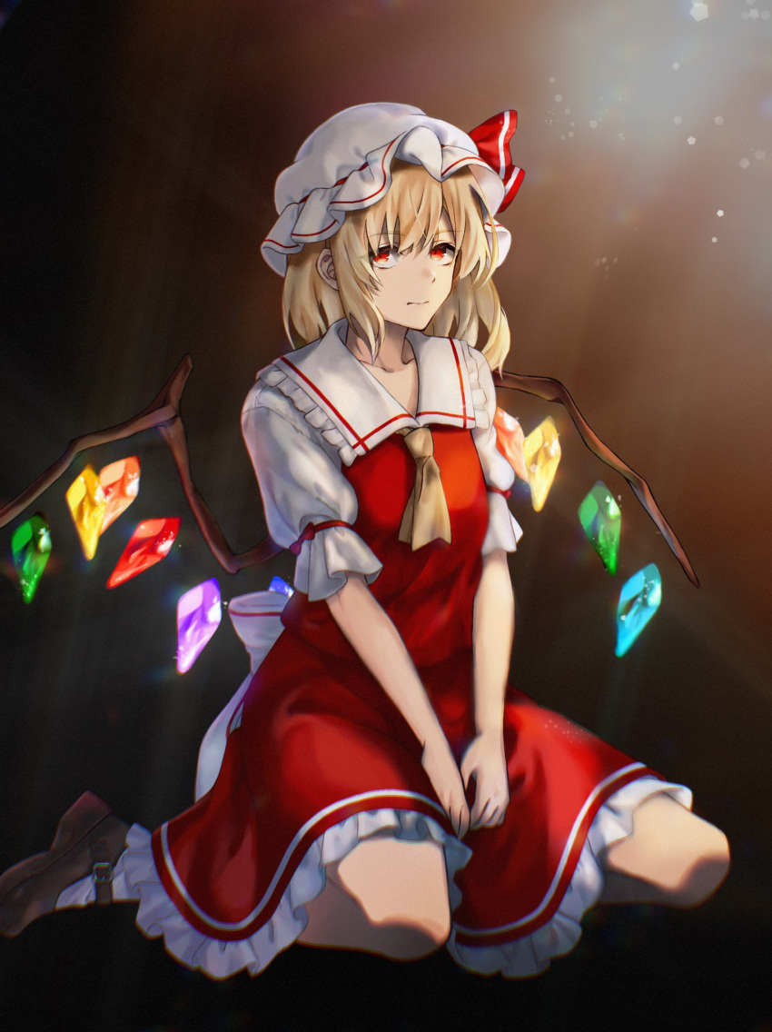 1girl ascot ayura8901 blonde_hair crystal flandre_scarlet full_body hat highres knees mob_cap puffy_sleeves red_eyes red_vest ribbon shoes short_sleeves sitting skirt solo touhou vest wariza wings yellow_ascot