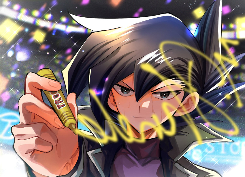 1boy audience bangs black_eyes black_hair character_signature coat confetti duel_academy_uniform_(yu-gi-oh!_gx) hair_between_eyes hand_up holding jacket long_sleeves looking_at_viewer male_focus manjoume_jun portrait shirt short_hair sk816 smile solo sparkle spiky_hair yu-gi-oh! yu-gi-oh!_gx