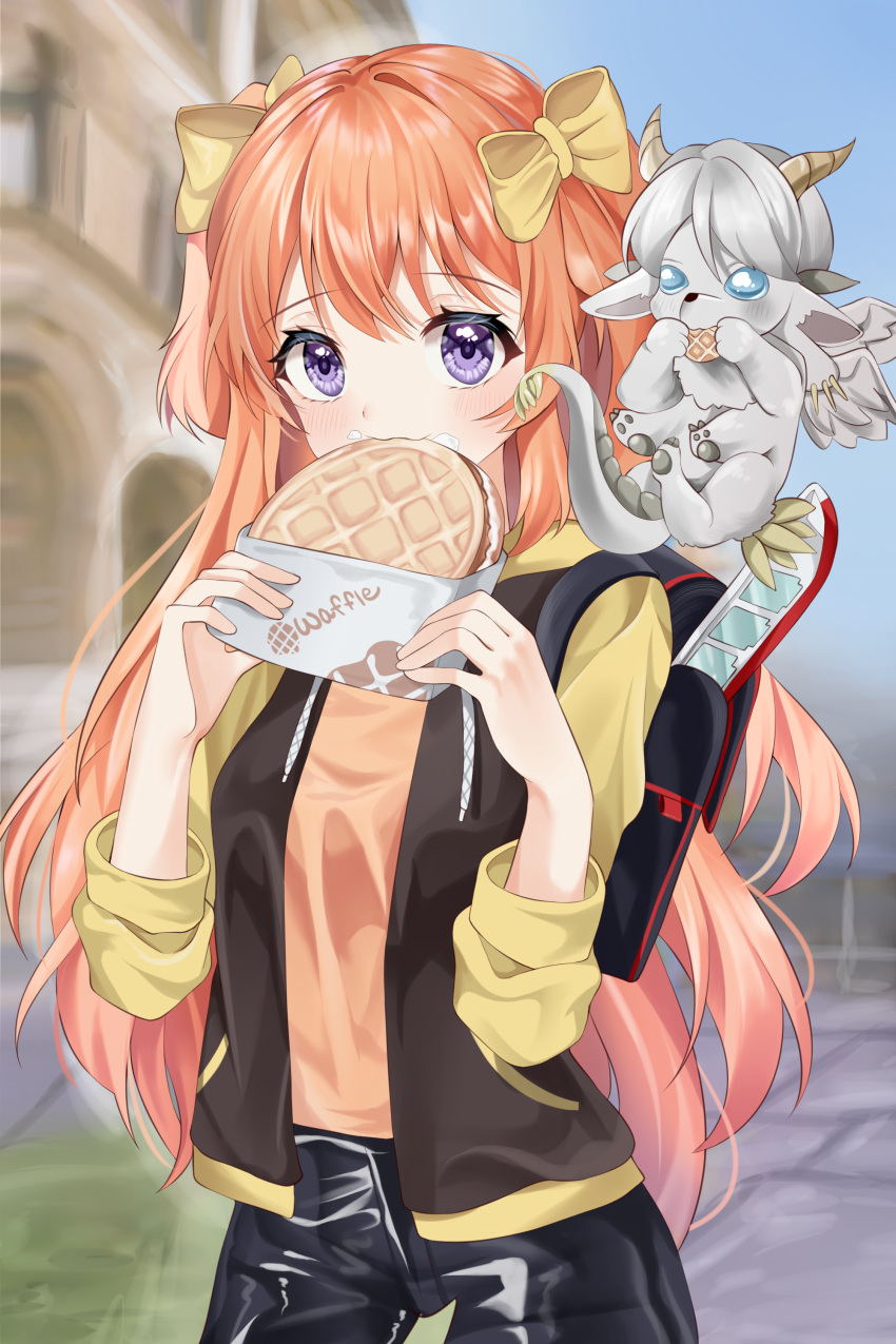 1girl absurdres backpack bag bangs blush bow commission creature eating floating food food_in_mouth food_on_face hair_bow highres holding holding_food hood hoodie kaho_oco latex_pants long_hair looking_at_viewer orange_hair original outdoors solo two_side_up very_long_hair violet_eyes waffle
