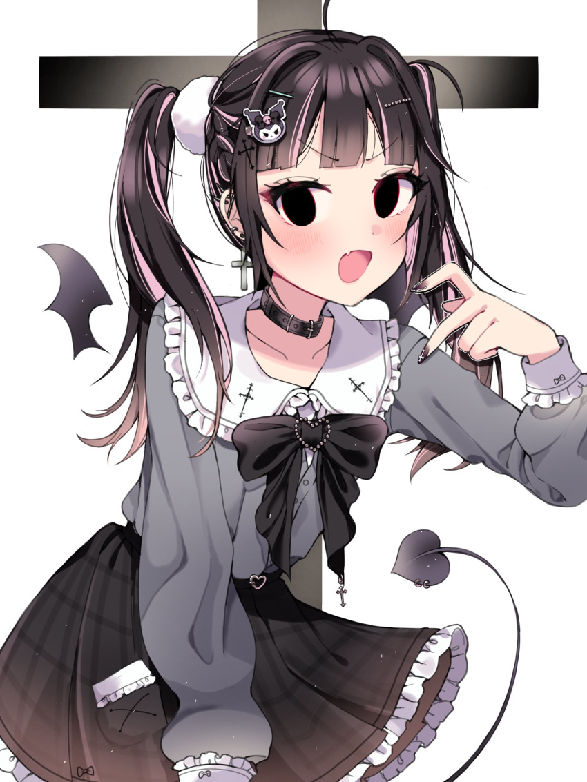 1girl bangs belt_collar black_bow black_hair black_nails blush bow collar cross demon_tail dress earrings fang highres indie_virtual_youtuber jewelry long_hair long_sleeves looking_at_viewer moenaomii moenaomii_(artist) multicolored_hair open_mouth pink_hair skin_fang smile solo tail virtual_youtuber
