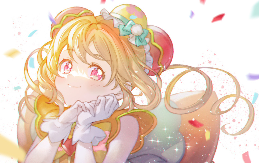 1girl back_bow blonde_hair bow brooch bun_cover closed_mouth confetti cure_yum-yum delicious_party_precure double_bun drill_hair gloves green_bow hair_bun hanamichi_ran heart_brooch hoshi_(xingspresent) huge_bow jewelry looking_at_viewer magical_girl medium_hair precure red_eyes smile solo sparkle twin_drills upper_body white_background white_gloves yellow_bow