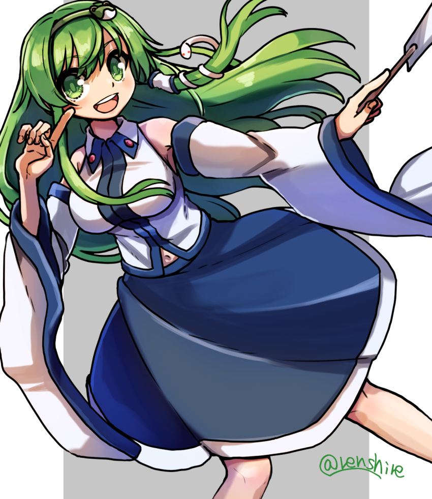 1girl blue_skirt collared_shirt detached_sleeves dutch_angle frog frog_hair_ornament gohei green_eyes green_hair grey_background hair_ornament hair_tubes highres japanese_clothes kochiya_sanae long_hair long_skirt miko nontraditional_miko one-hour_drawing_challenge renshirenji shirt skirt sleeveless sleeveless_shirt snake snake_hair_ornament solo touhou twitter_username white_background white_shirt