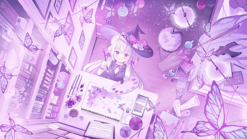 1girl bangs bed book bug butterfly closed_mouth crystal dvd_(object) from_above hair_between_eyes hat highres holding holding_paintbrush ikari_(aor3507) indoors long_hair looking_at_viewer original paintbrush palette_(object) shelf sitting sketchbook smile solo twintails violet_eyes white_hair witch witch_hat