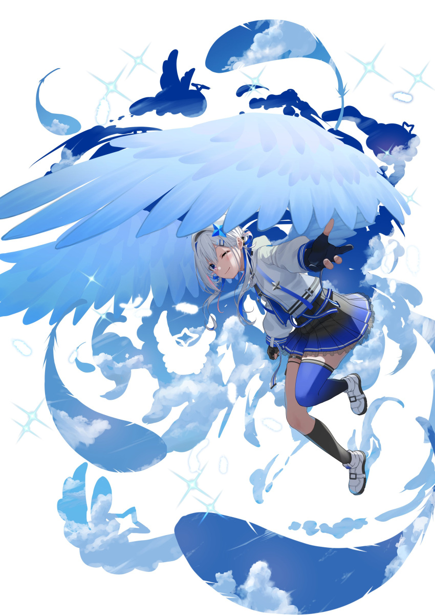 1girl absurdres amane_kanata angel angel_wings beret blue_hair clouds colored_inner_hair feathers full_body gloves grey_hair hair_ornament hairclip hat highres hololive hood hoodie looking_at_viewer multicolored_hair one_eye_closed outstretched_arm partially_fingerless_gloves shima6644 single_thighhigh smile solo thigh-highs thigh_strap violet_eyes virtual_youtuber white_background wings