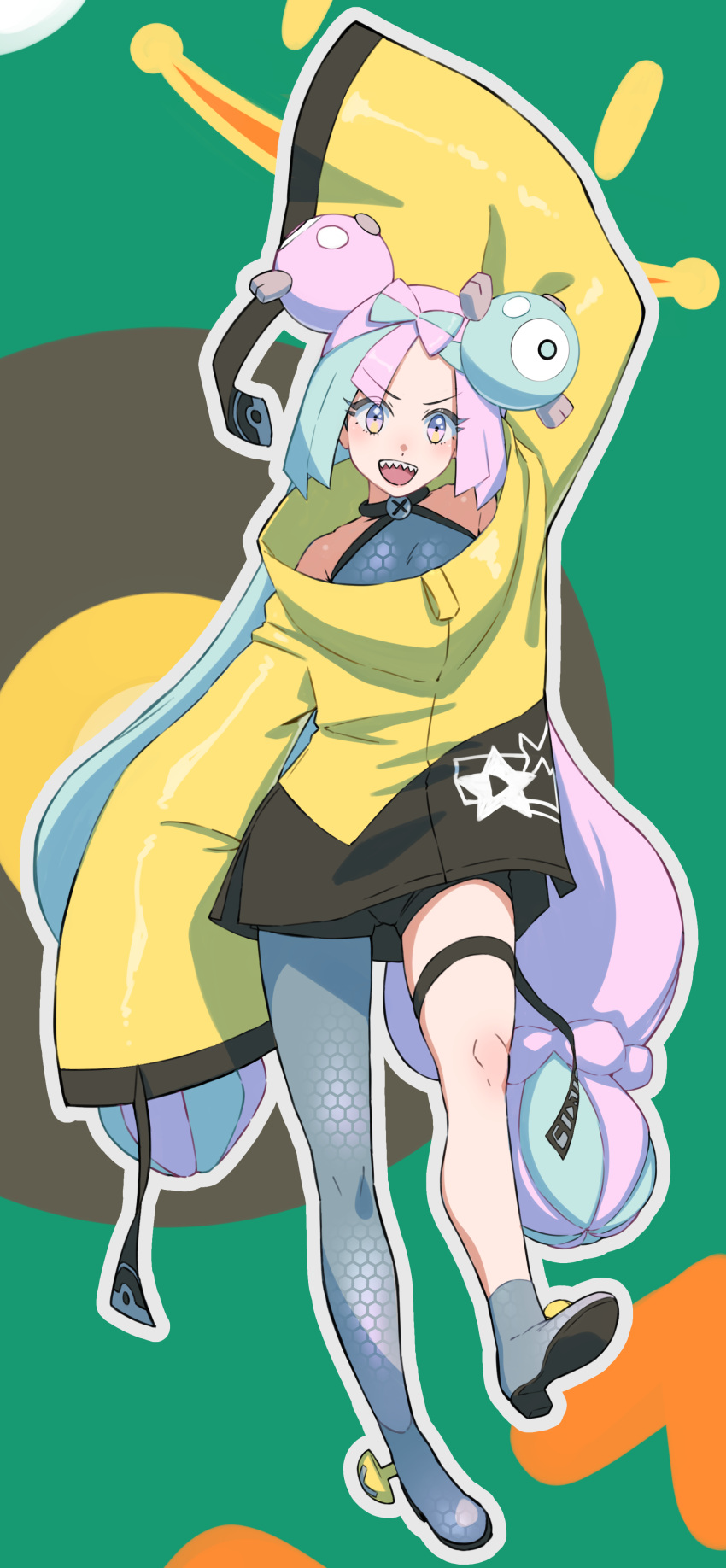 1girl :d absurdres aduti_momoyama arm_up bangs black_shorts blush boots character_hair_ornament commentary_request full_body green_hair grey_footwear grey_pantyhose grey_shirt hair_ornament happy highres iono_(pokemon) jacket knees long_hair looking_at_viewer multicolored_hair open_mouth outline pantyhose pink_hair pokemon pokemon_(game) pokemon_sv sharp_teeth shirt shorts single_leg_pantyhose sleeveless sleeveless_shirt sleeves_past_fingers sleeves_past_wrists smile solo teeth thigh_strap twintails two-tone_hair upper_teeth_only yellow_jacket