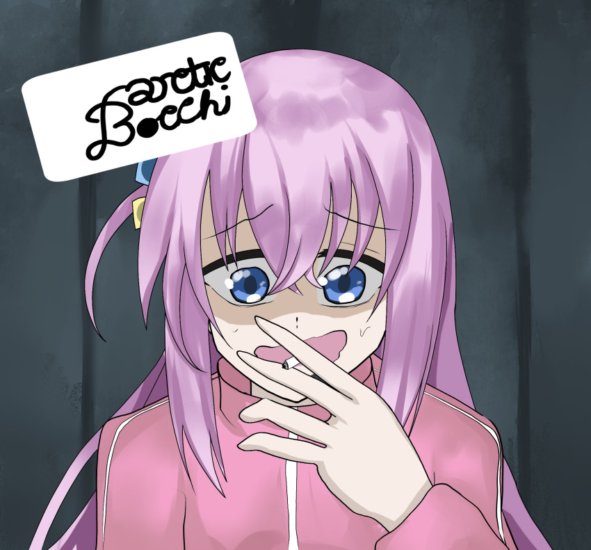 1girl album_cover_redraw artic_monkeys blue_eyes bocchi_the_rock! cigarette derivative_work english_commentary english_text gotou_hitori hair_between_eyes hair_ornament highres holding holding_cigarette long_hair open_mouth pink_hair pink_track_suit scaryyandere smoking sweat