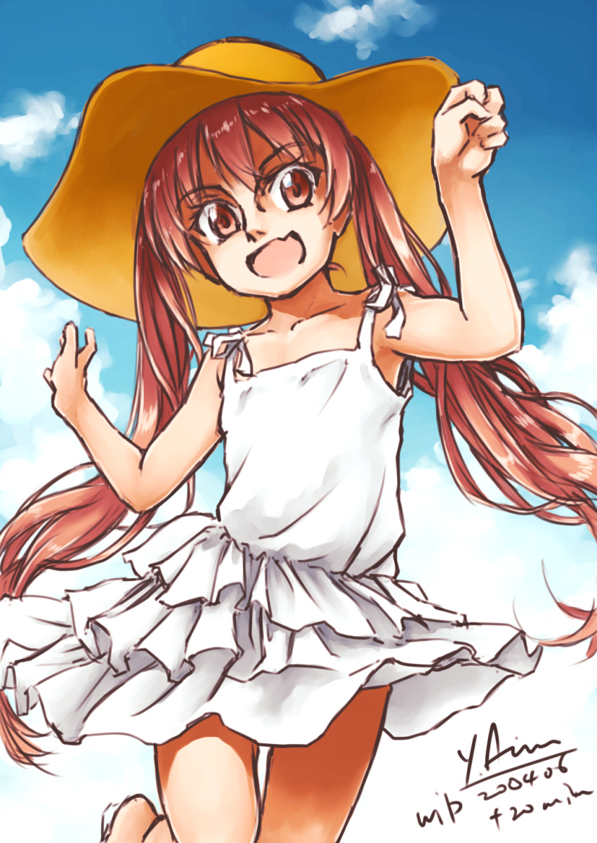 1girl arimura_yuu blue_sky brown_eyes brown_hair clouds commentary_request cowboy_shot dark_skin dress fang hat highres kantai_collection libeccio_(kancolle) long_hair skin_fang sky smile solo spaghetti_strap sun_hat sundress tan twintails white_dress yellow_headwear
