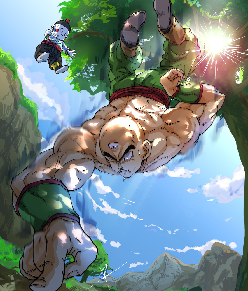 &gt;_&lt; 2boys absurdres arm_behind_back back baggy_pants balancing bare_back bare_shoulders biceps black_footwear black_headwear black_pants blue_sky blush blush_stickers chaozu clenched_teeth cliff closed_mouth clouds colored_skin commentary_request day diffraction_spikes dragon_ball dragon_ball_(classic) floating_hair full_body green_pants green_shirt hat highres kouji08250 male_focus mountain multiple_boys muscular muscular_male one_eye_closed outdoors pants parted_lips red_sash sash shirt shoes sky sleeveless sleeveless_shirt sun sweat sweatdrop teeth tenshinhan third_eye topless_male tree v-shaped_eyebrows white_skin wristband
