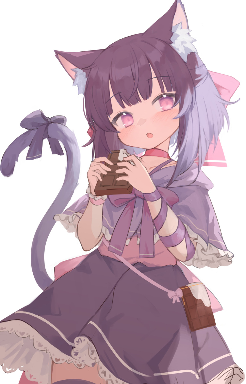 1girl :o absurdres animal_ear_fluff animal_ears arm_ribbon blush bow candy capelet cat_ears cat_girl cat_tail chocolate chocolate_bar choker commission cowboy_shot dress fallenshadow food frilled_capelet frills hair_bow highres holding holding_chocolate holding_food indie_virtual_youtuber klaius looking_at_viewer medium_hair open_mouth pink_bow pink_choker pink_eyes purple_capelet purple_dress purple_hair ribbon simple_background single_wrist_cuff solo tail tail_bow tail_ornament virtual_youtuber waist_bow white_background wrist_cuffs