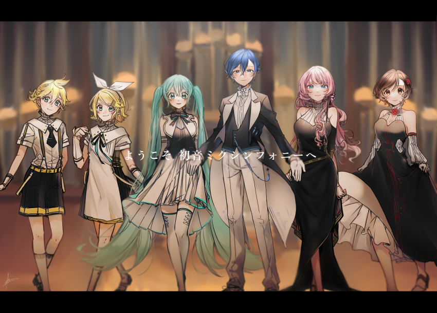 2boys 4girls absurdres after0217 ahoge bangs blonde_hair blue_eyes blue_hair blush bow bowtie breasts brown_eyes brown_hair coattails detached_sleeves dress elbow_gloves flipped_hair flower formal frilled_dress frills gloves hair_bow hair_flower hair_ornament hairclip hatsune_miku highres jacket kagamine_len kagamine_rin kaito_(vocaloid) large_breasts long_hair looking_at_viewer megurine_luka meiko_(vocaloid) miku_symphony_(vocaloid) multiple_boys multiple_girls neck_ribbon necktie open_mouth pink_hair pleated_dress ponytail ribbon short_hair short_sleeves shorts side_slit skirt_hold sleeveless sleeveless_dress smile socks suit suspender_shorts suspenders thigh-highs traditional_bowtie translation_request twintails very_long_hair vocaloid