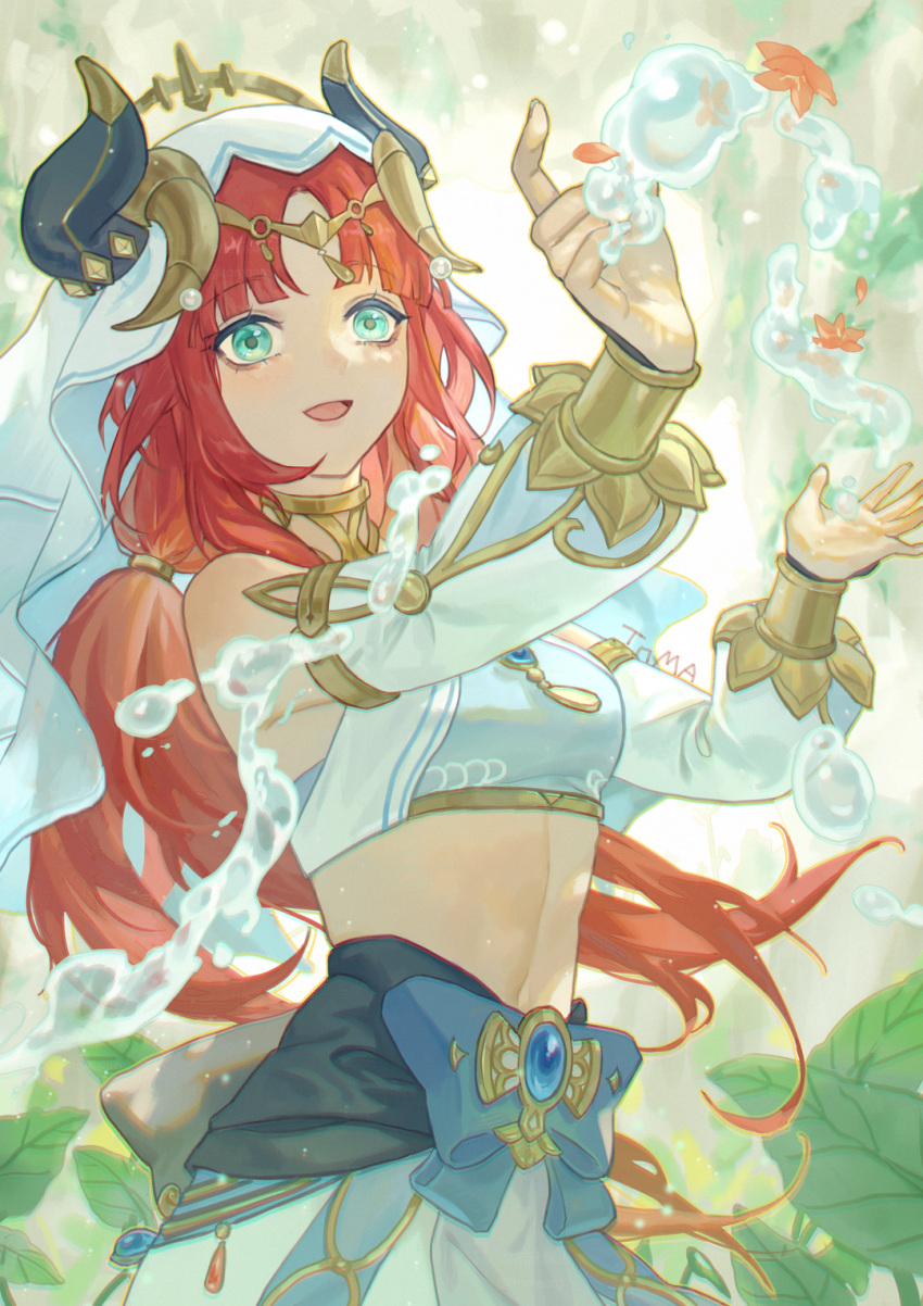 1girl :d anmaki aqua_eyes bangs bare_shoulders blue_bow blue_gemstone blue_skirt blurry blurry_background bow bracer breasts brooch circlet commentary cowboy_shot crop_top detached_sleeves english_commentary fake_horns floating_hair flower gem genshin_impact gold_trim hands_up highres horns hydrokinesis index_finger_raised jewelry leaf linea_alba long_hair long_sleeves looking_at_viewer low_twintails medium_breasts neck_ring nilou_(genshin_impact) open_mouth outstretched_hand parted_bangs puffy_long_sleeves puffy_sleeves redhead skirt smile solo twintails veil water white_headwear white_sleeves