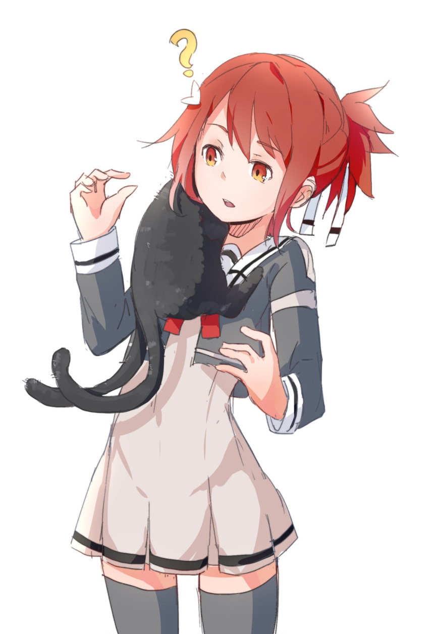 1girl ? animal animal_on_shoulder bangs black_cat brown_eyes brown_hair cat dress grey_dress grey_jacket grey_thighhighs hair_ornament highres jacket long_sleeves multiple_tails open_clothes open_jacket parted_lips pleated_dress ponytail simple_background solo tail thigh-highs two_tails white_background xuu_shi_times yuuki_yuuna yuuki_yuuna_wa_yuusha_de_aru yuusha_de_aru