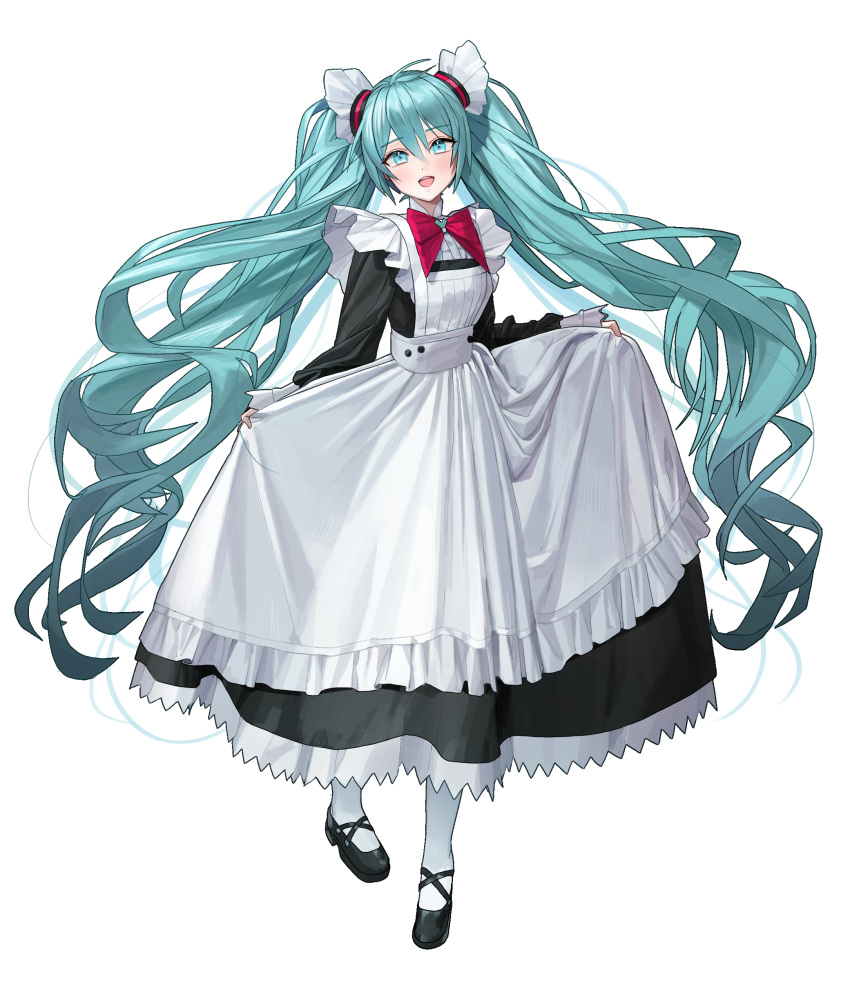 1girl absurdres alternate_costume apron bangs blue_eyes blue_hair blush bow center_frills dress enmaided frilled_apron frills full_body hair_ornament hatsune_miku highres long_dress long_hair long_sleeves looking_at_viewer maid open_mouth ousi1997 pantyhose skirt_hold sleeve_cuffs smile solo twintails very_long_hair vocaloid