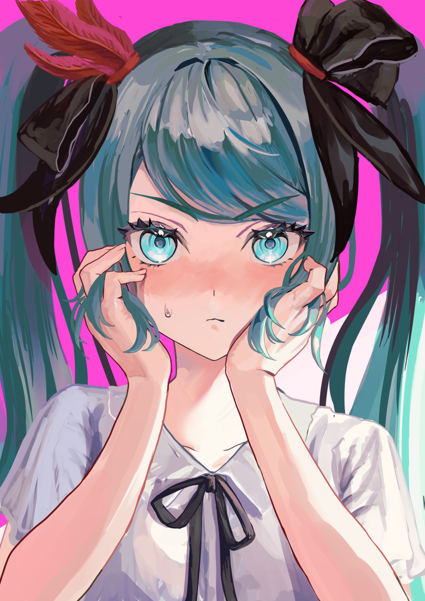 1girl absurdres bangs blue_eyes blue_hair blush bow collared_shirt feather_hair_ornament feathers frown hair_bow hair_ornament hands_on_own_cheeks hands_on_own_face hatsune_miku highres long_hair looking_at_viewer neck_ribbon nemari_(user_wtca7244) nose_blush pink_background project_diva_(series) ribbon shirt short_sleeves simple_background solo straight-on supreme_(module) sweat thick_eyebrows twintails v-shaped_eyebrows vocaloid world_is_mine_(vocaloid)