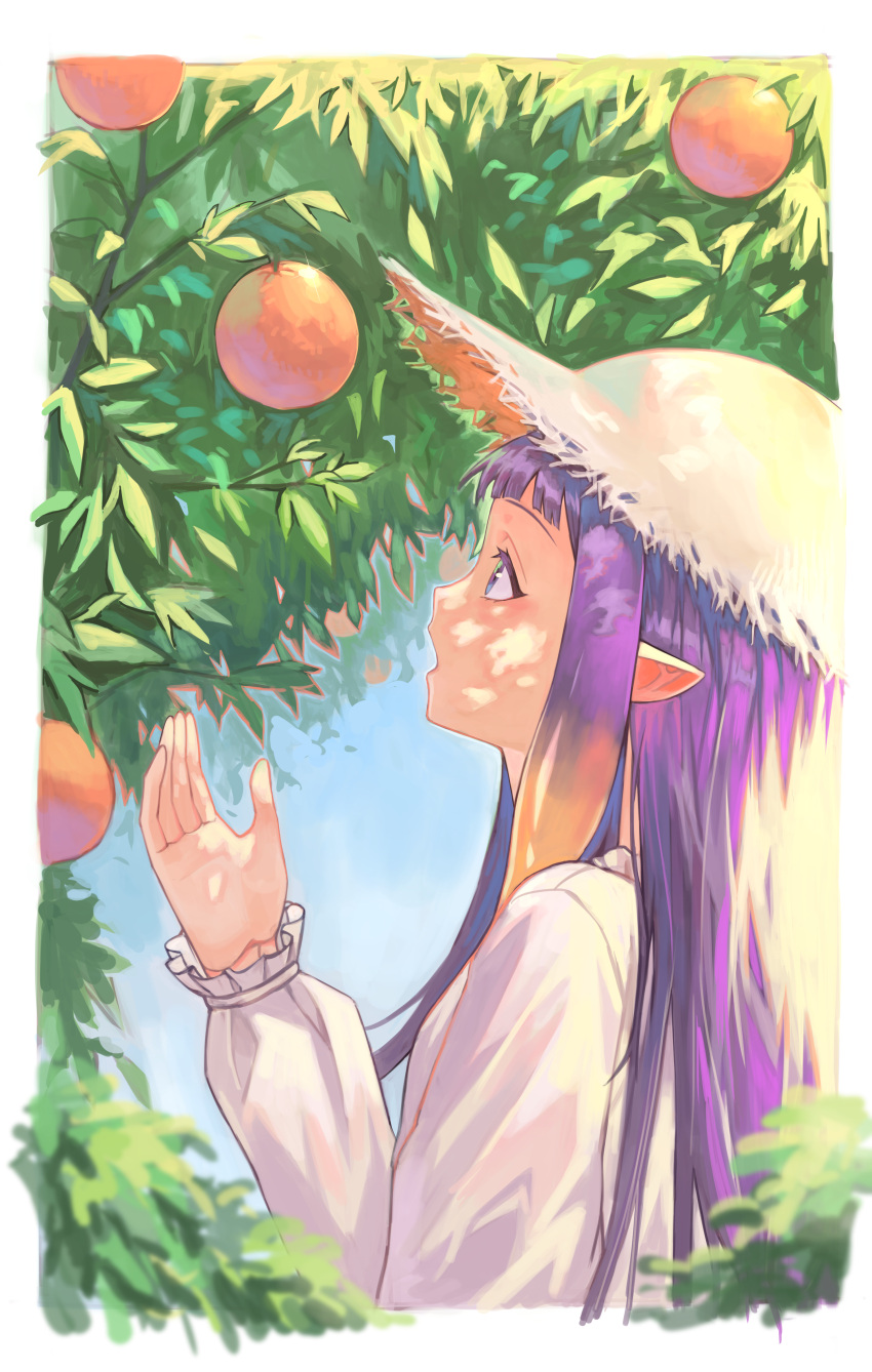 1girl absurdres antenna_hair bangs blue_eyes day food fruit hat highres hololive hololive_english kiwwwwwi long_hair long_sleeves ninomae_ina'nis open_mouth orange_(fruit) orange_tree outdoors pointy_ears purple_hair solo sun_hat tree virtual_youtuber