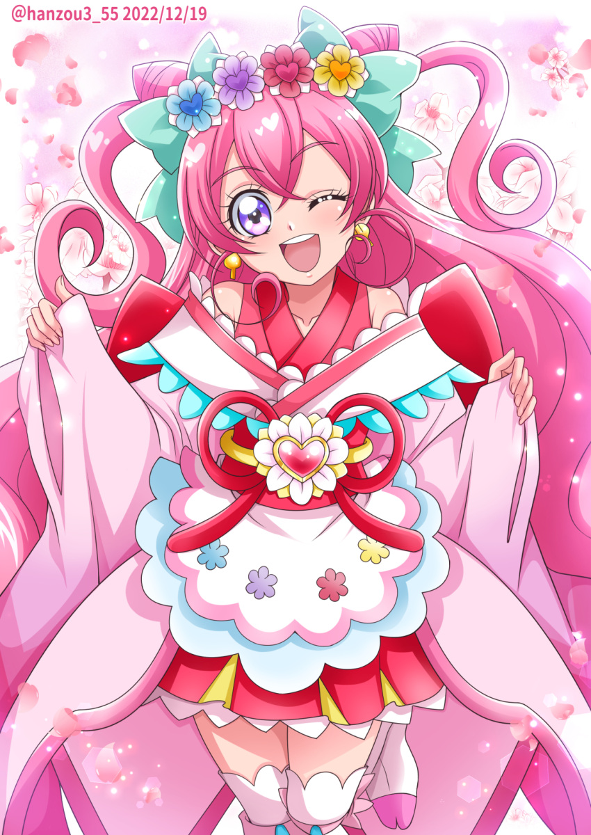1girl ;d apron bangs boots bow cherry_blossoms cone_hair_bun cowboy_shot crossed_bangs cure_precious cure_precious_(party_up_style) dated delicious_party_precure double_bun earrings floral_background flower green_bow hair_bow hair_bun hair_flower hair_ornament hanzou highres japanese_clothes jewelry kimono light_particles long_hair long_sleeves looking_at_viewer magical_girl nagomi_yui one_eye_closed open_mouth petals pink_background pink_hair pink_kimono pink_skirt pink_theme precure skirt smile solo standing standing_on_one_leg thigh_boots twitter_username two_side_up violet_eyes waist_bow white_footwear