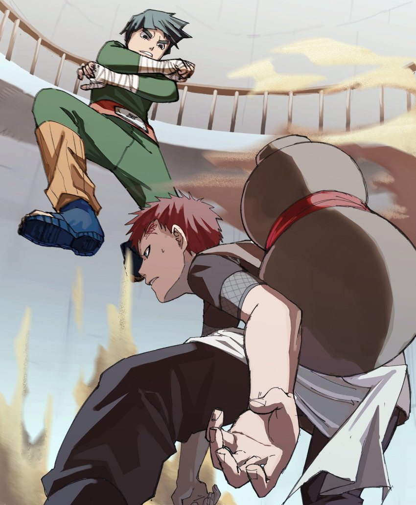 2boys arena bandaged_arm bandaged_hand bandages battle belt black_hair black_pants black_shirt blue_footwear bowl_cut clenched_hand clenched_teeth crossed_arms fighting_stance fishnet_shirt forehead_tattoo gaara_(naruto) gourd green_jumpsuit highres jumping jumpsuit leg_warmers long_sleeves looking_at_another male_focus multiple_boys naruto_(series) pants parted_lips pnpk_1013 red_belt redhead rock_lee sand shirt short_hair short_sleeves sweatdrop teeth thick_eyebrows toeless_footwear