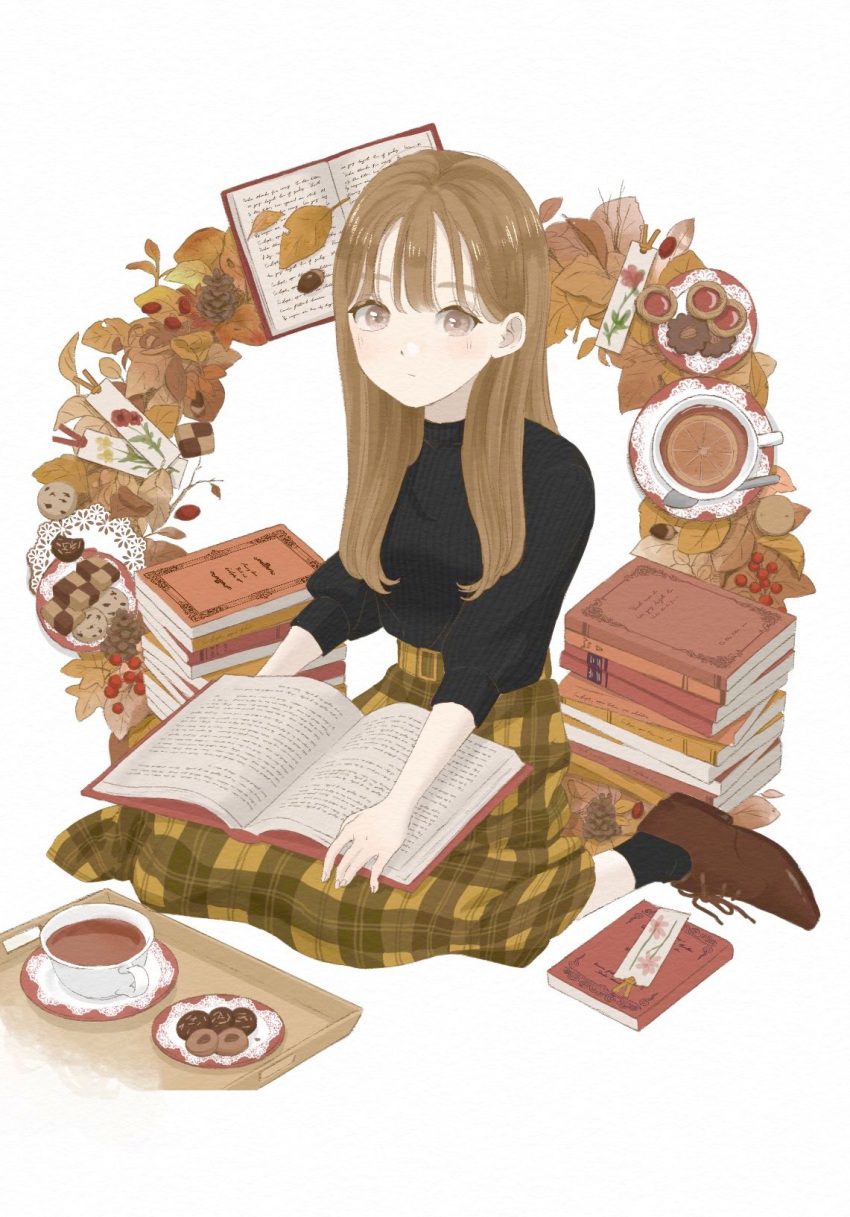 1girl autumn_leaves bangs berry black_socks black_sweater book book_on_lap book_stack bookmark brown_eyes brown_footwear brown_hair checkerboard_cookie chocolate_chip_cookie cookie cup dot_mouth dot_nose drink floral_print flower food fruit hair_over_shoulder highres leaf long_hair long_skirt open_book orange_(fruit) orange_slice original pale_skin plaid plaid_skirt plate red_flower saucer shoes simple_background sitting skirt sleeves_past_wrists socks solo sweater teacup tray two-tone_skirt white_background yellow_skirt yuum1709