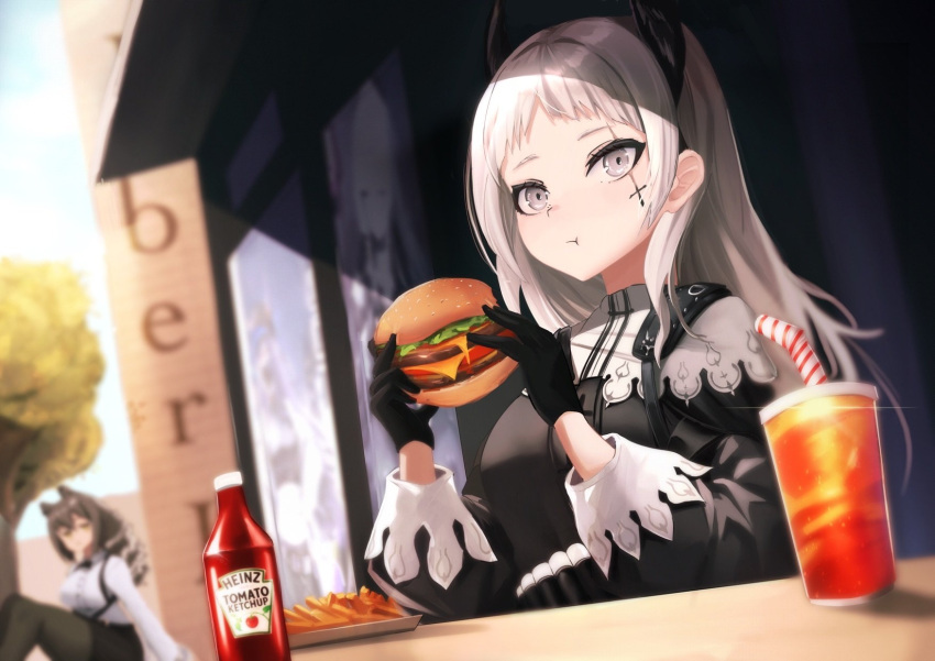 2girls :t arknights bendy_straw black_gloves black_jacket black_pants blurry blurry_background breasts building burger capelet closed_mouth commentary cup day depth_of_field disposable_cup drinking_straw eating english_commentary food gloves grey_eyes grey_hair heinz highres holding holding_food irene_(arknights) jacket ketchup ketchup_bottle long_hair long_sleeves looking_at_viewer multiple_girls outdoors pants puffy_long_sleeves puffy_sleeves robin_(arknights) shirt small_breasts tree upper_body white_capelet white_shirt yan_kodiac