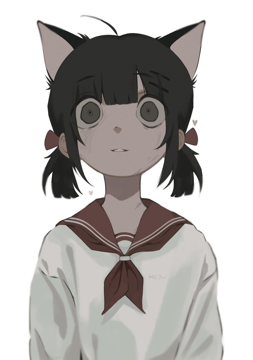 1girl absurdres ahoge animal_ears arms_at_sides bangs black_eyes black_hair blunt_bangs bow breasts cat_ears close-up commentary constricted_pupils crazy_eyes dirty dirty_face empty english_commentary excited gozuu hair_between_eyes hair_bow hair_ornament hairclip heart highres light_smile looking_at_viewer neckerchief original parted_lips portrait raised_eyebrows red_bow red_neckerchief red_sailor_collar ringed_eyes sailor_collar sanpaku school_uniform serafuku shirt short_hair short_twintails simple_background small_breasts solo twintails upper_body white_background white_shirt wide-eyed yandere
