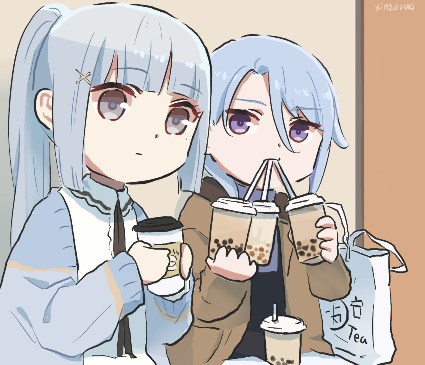 1boy 1girl alternate_costume bag bangs blue_hair blue_jacket blunt_bangs brother_and_sister brown_jacket bubble_tea casual coffee_cup commentary contemporary cup disposable_cup drinking_straw genshin_impact grey_eyes hair_between_eyes highres holding holding_cup jacket kamisato_ayaka kamisato_ayato long_hair open_clothes open_jacket ponytail shirt short_hair siblings upper_body violet_eyes white_shirt xinzoruo