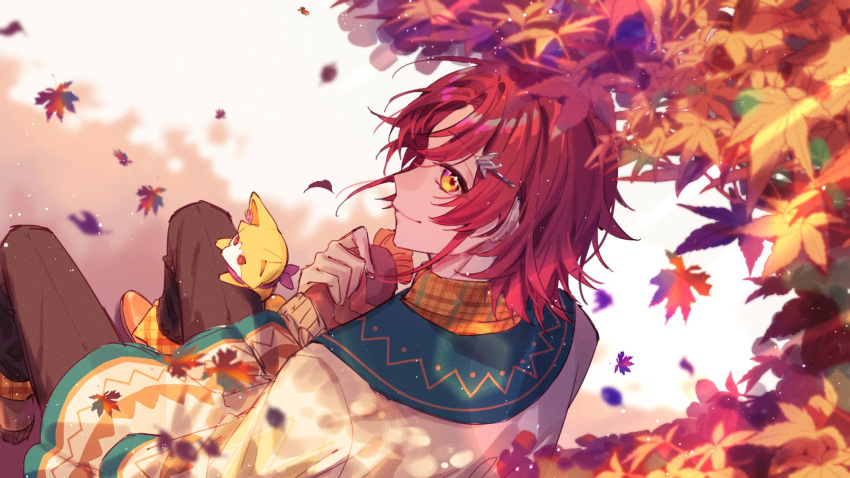 1boy autumn_leaves bangs beanie bird_hair_ornament brown_footwear brown_pants collared_shirt dappled_sunlight falling_leaves foot_out_of_frame from_behind hair_ornament hairclip hanasaki_miyabi hat hat_removed headwear_removed highres holding holding_clothes holding_hat holostars leaf looking_at_viewer looking_back male_focus official_alternate_costume orange_shirt pants parted_bangs plaid plaid_shirt poncho profile redhead shirt short_hair solo stuffed_fox sunlight tsukonin_p virtual_youtuber yellow_eyes