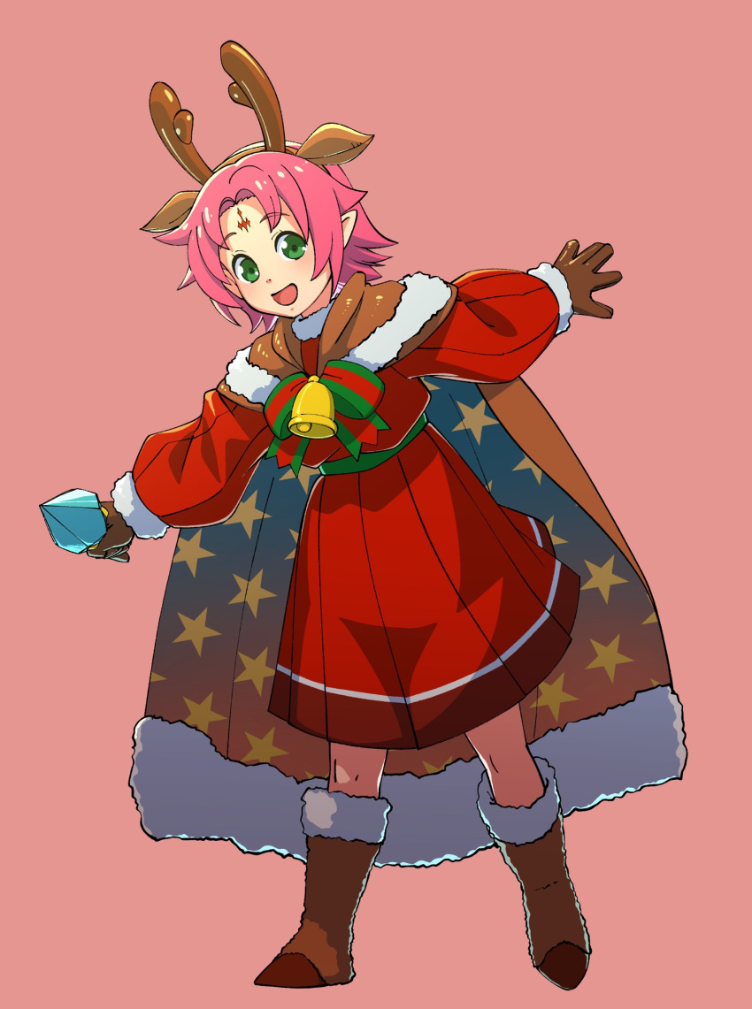 1girl :d aduti_momoyama animal_ears antlers bell boots brown_cape brown_footwear brown_gloves brown_hairband cape christmas deer_ears dress facial_mark fae_(fire_emblem) fake_animal_ears fake_antlers fire_emblem fire_emblem:_the_binding_blade fire_emblem_heroes forehead_mark full_body fur-trimmed_boots fur-trimmed_cape fur-trimmed_footwear fur-trimmed_sleeves fur_boots fur_trim gloves green_eyes green_sash hair_intakes hairband highres long_sleeves official_alternate_costume open_mouth pink_background pink_hair print_cape puffy_long_sleeves puffy_sleeves red_dress reindeer_antlers sash short_hair simple_background smile solo star_(symbol) star_print