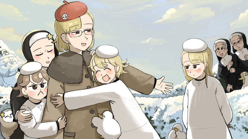 6+girls :&lt; beret bird blonde_hair brown_coat brown_hair brunette_bangs_nun_(diva) catholic chicken closed_eyes clumsy_nun_(diva) coat diva_(hyxpk) duck english_commentary froggy_nun_(diva) glasses goose grey_hair habit hat highres hug little_nuns_(diva) long_hair messy_hair multiple_girls nun owl parted_grey_nun_(diva) red_headwear short_hair spicy_nun's_mother_(diva) spicy_nun_(diva) star_nun_(diva) star_ornament winter winter_clothes yellow_eyes