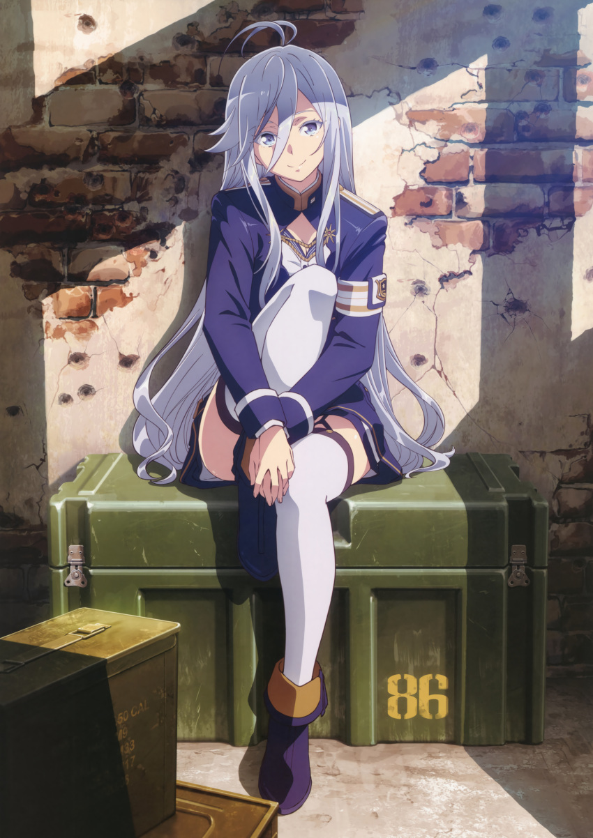 1girl 86_-eightysix- absurdres ammunition_box antenna_hair artist_request blue_eyes brick_wall bullet_hole closed_mouth full_body highres hugging_own_legs knee_to_chest knee_up long_hair looking_at_viewer military official_art sitting smile solo thigh-highs vladilena_millize wall white_hair white_thighhighs