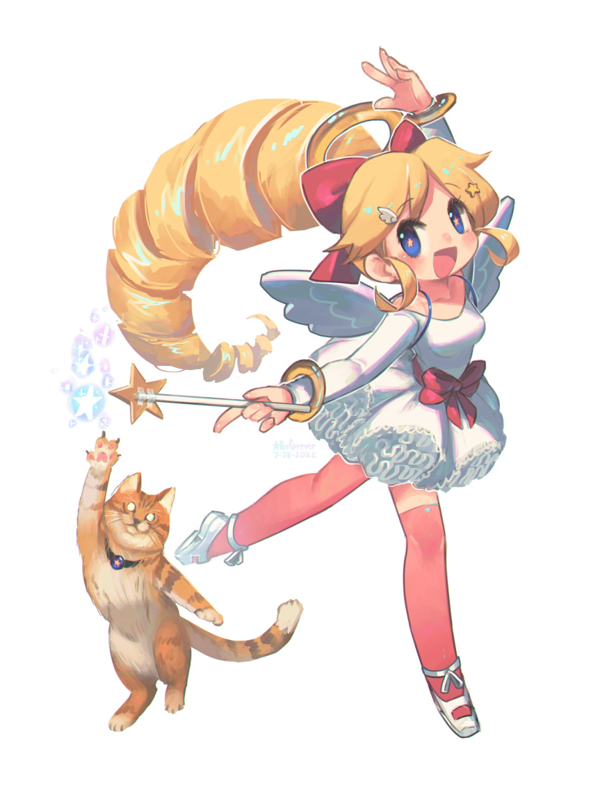 1girl :d absurdres arm_up bangs blonde_hair blue_eyes bow breasts cat collarbone commentary dress drill_hair drill_ponytail english_commentary fake_wings full_body hair_ornament hairclip highres holding holding_wand long_hair long_sleeves looking_at_viewer medium_breasts open_mouth original parted_bangs pink_bow pink_thighhighs porforever shoes sidelocks simple_background smile solo star-shaped_pupils star_(symbol) star_hair_ornament symbol-shaped_pupils thigh-highs waist_bow wand white_background white_dress white_footwear wing_hair_ornament wings zettai_ryouiki