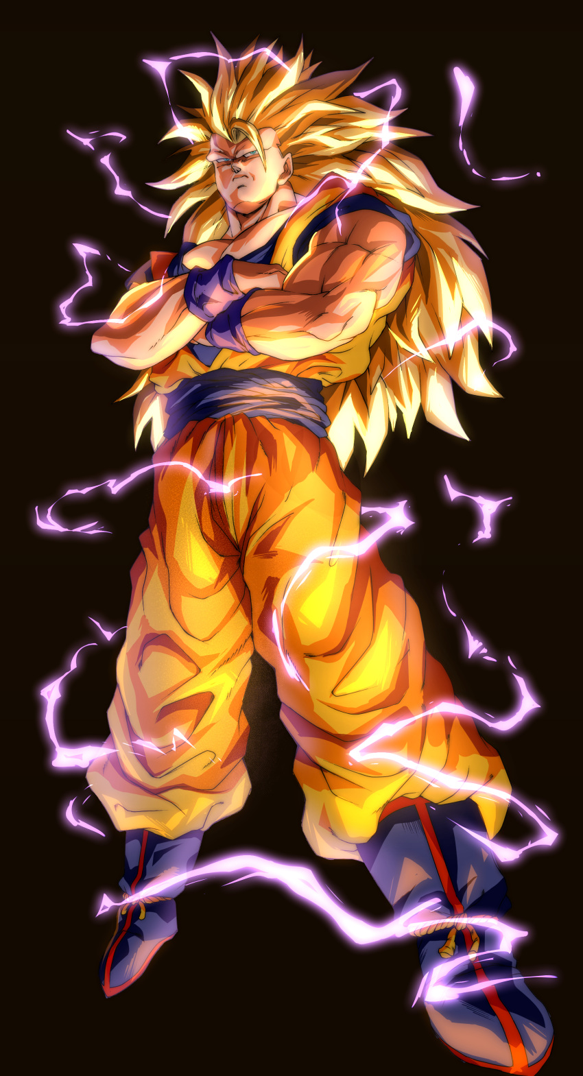 1boy absurdres baggy_pants biceps black_background blonde_hair blue_eyes blue_footwear blue_sash boots closed_mouth commentary_request crossed_arms dougi dragon_ball dragon_ball_z electricity energy full_body glaring highres kouji08250 long_hair looking_at_viewer male_focus muscular muscular_male orange_pants pants pectorals sash serious simple_background solo son_goku spiky_hair super_saiyan super_saiyan_3 wristband