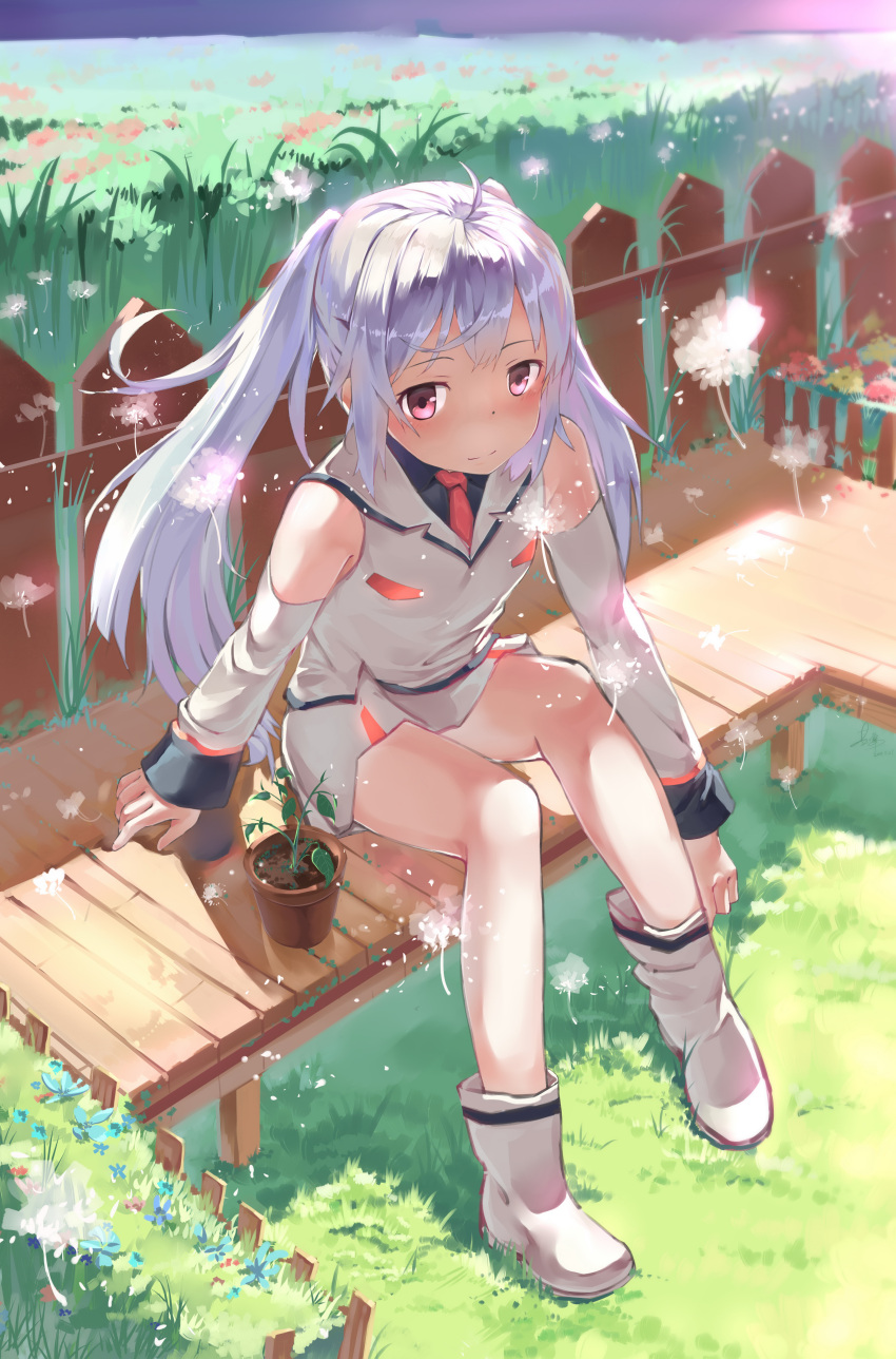 1girl absurdres ahoge bare_shoulders bench blush boots closed_mouth detached_sleeves highres isla_(plastic_memories) jacket long_hair looking_at_viewer necktie plastic_memories scenery shiny shiny_hair shirt sitting skirt solo twintails uniform violet_eyes white_jacket white_shirt white_skirt zhongye_yu