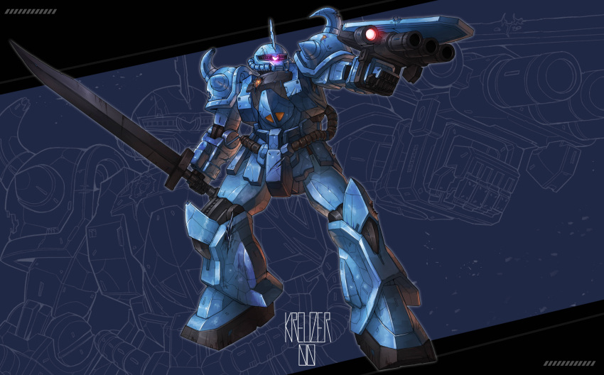 absurdres aiming arm_cannon artist_name bullet_hole clenched_hand commission crack full_body glowing glowing_eye gouf gun gundam highres holding holding_gun holding_sword holding_weapon horns kreuzer_00 mecha mobile_suit mobile_suit_gundam no_humans one-eyed robot science_fiction shoulder_spikes single_horn spikes standing sword violet_eyes weapon zoom_layer
