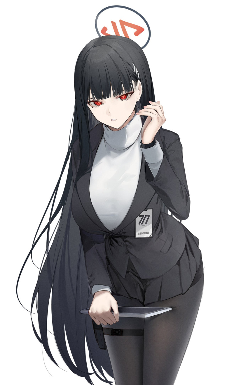 1girl black_hair black_pantyhose black_suit blue_archive breasts cowboy_shot formal halo hand_up highres hiiragi_mikoto holding holding_tablet_pc holster holstered_weapon id_card large_breasts leaning_forward long_hair pantyhose pleated_skirt red_eyes rio_(blue_archive) skirt standing suit sweater tablet_pc thigh_holster turtleneck turtleneck_sweater white_background white_sweater