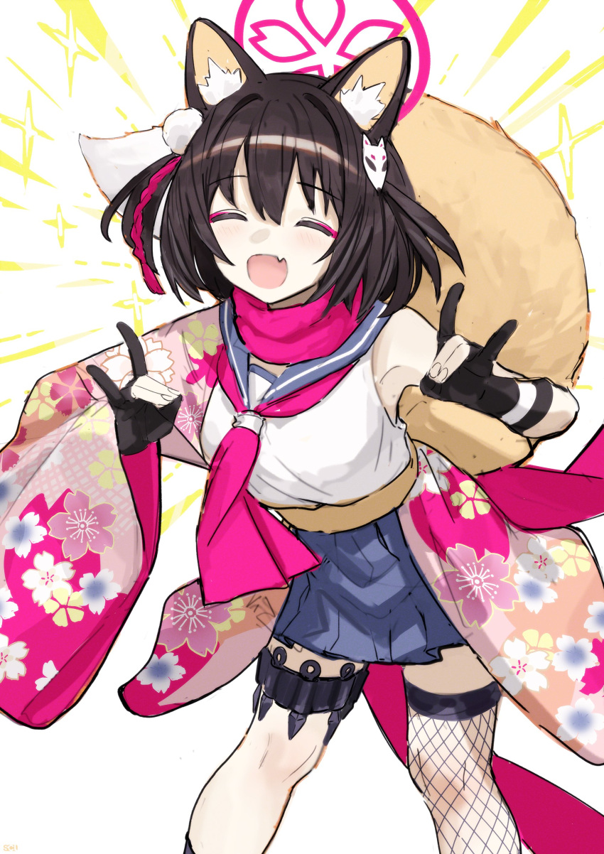 1girl :d ^_^ absurdres animal_ears asymmetrical_legwear black_gloves black_hair black_sailor_collar blue_archive blush breasts cherry_blossom_print closed_eyes facing_viewer fang fishnet_thighhighs fishnets floral_print gloves highres izuna_(blue_archive) japanese_clothes kunai neckerchief open_mouth pink_scarf pleated_skirt sailor_collar scarf school_uniform serafuku shirt single_thighhigh skirt smile solo songchuan_li sparkle sparkle_background tail thigh-highs thigh_strap weapon wide_sleeves