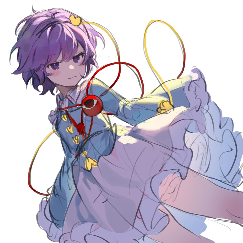 1girl black_hairband blouse blue_shirt blush buttons closed_mouth commentary dutch_angle feet_out_of_frame frilled_sleeves frills hair_ornament hairband heart heart_button heart_hair_ornament highres jill_07km komeiji_satori long_sleeves looking_at_viewer pink_skirt purple_hair red_eyes shirt short_hair sketch skirt solo third_eye touhou violet_eyes wavy_mouth wide_sleeves