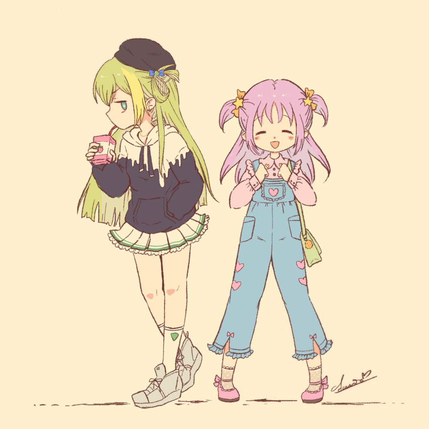 2girls alina_gray bag blonde_hair blue_overalls blue_pants casual closed_eyes drinking full_body green_eyes hair_ornament hat highres holding_carton hood hoodie long_hair long_sleeves looking_at_viewer magia_record:_mahou_shoujo_madoka_magica_gaiden mahou_shoujo_madoka_magica misono_karin multiple_girls open_mouth overalls pants pink_shirt purple_hair shirt shoes skirt smile sneakers socks strawberry_milk suama-yuki white_footwear white_socks