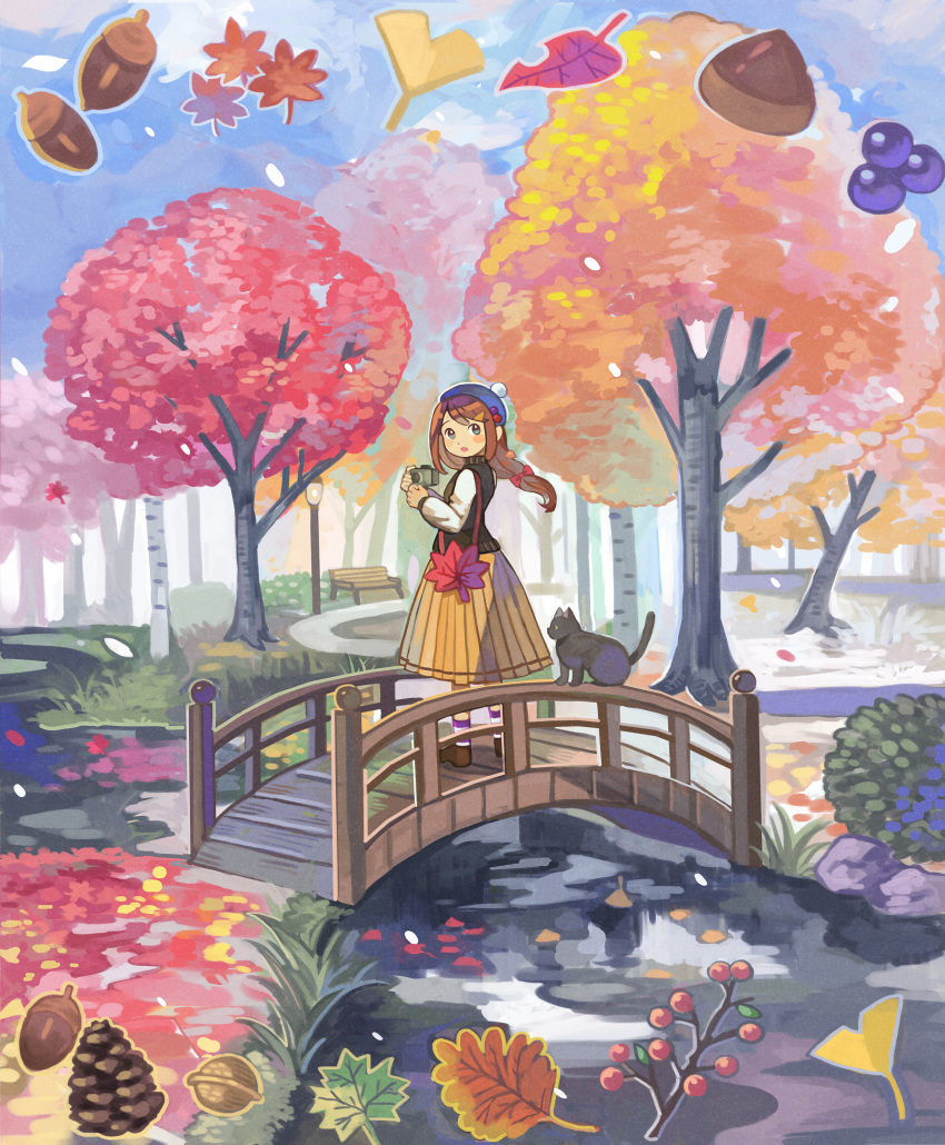 1girl absurdres autumn autumn_leaves bench blue_eyes blush bow bridge brown_hair cat day hair_bow highres leaf long_hair looking_at_viewer mituhati open_mouth original outdoors pinecone pleated_skirt red_bow skirt solo standing tree yellow_skirt