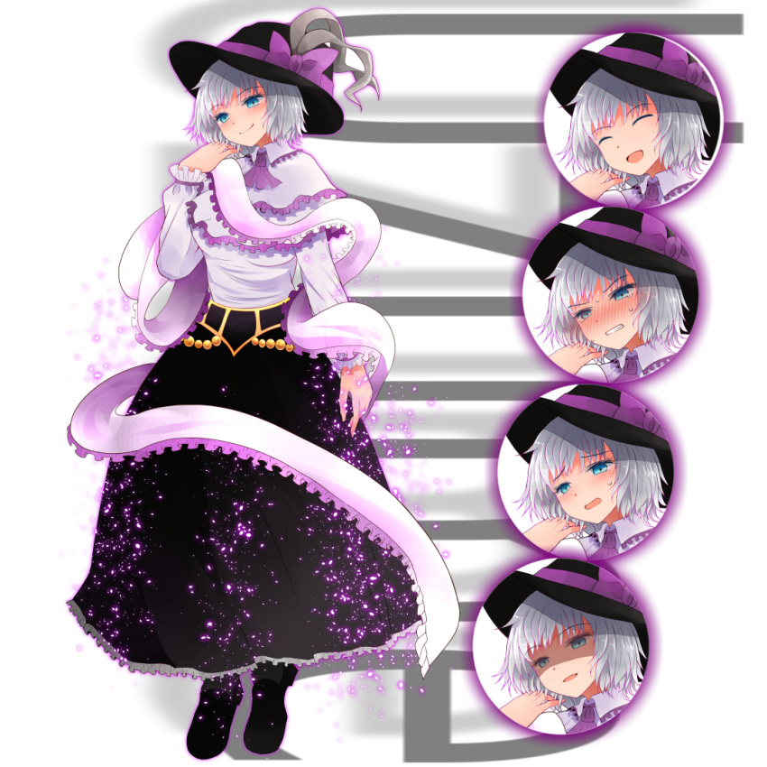 1girl aqua_eyes arano_oki bangs black_headwear black_skirt blush bow capelet character_name closed_eyes closed_mouth expressions frilled_shawl frills full_body grey_hair hat hat_bow jewelry light_particles long_sleeves looking_at_viewer m.u.g.e.n nagae_iku purple_bow second-party_source shaded_face shawl shirt short_hair skirt smile solo standing sweat tachi-e touhou uzume_(mugen) white_background white_capelet white_shirt