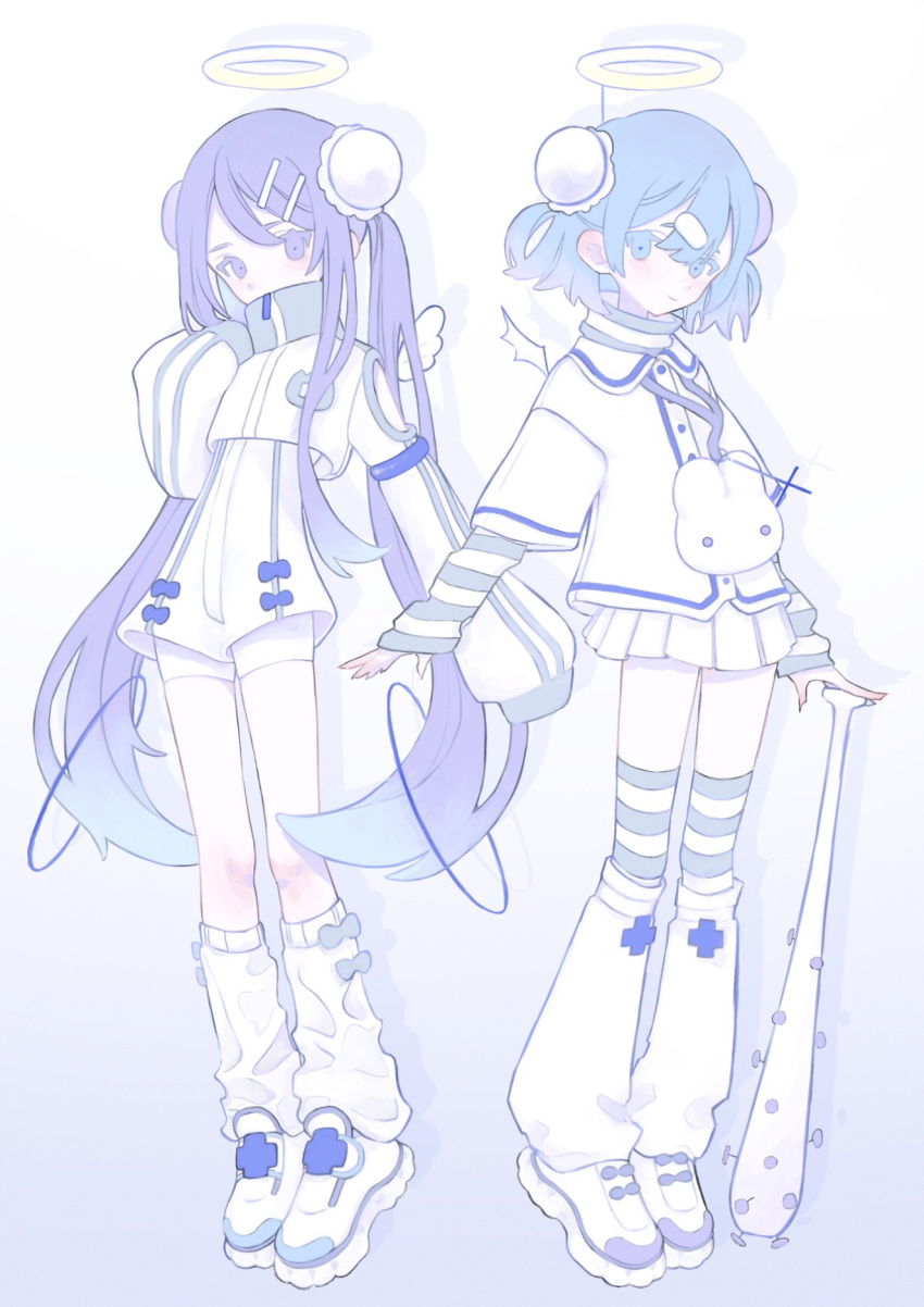 2girls am314 angel angel_wings bangs baseball_bat blue_hair blush bun_cover collared_shirt covered_mouth cropped_jacket demon demon_girl demon_wings double_bun fake_halo fingernails full_body gradient_hair hair_bun hair_ornament hairclip halo high_collar highres holding holding_baseball_bat jacket layered_shirt leg_warmers long_hair long_sleeves loose_socks multicolored_hair multiple_girls nail nail_bat original pastel_colors pleated_skirt rabbit sharp_fingernails shirt short_hair shorts skirt sleeves_past_fingers sleeves_past_wrists sneak sock_bow socks striped striped_shirt striped_socks track_jacket turtleneck twintails very_long_hair violet_eyes wings