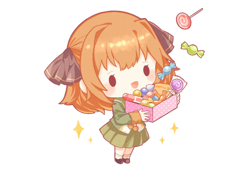 1girl bangs black_ribbon blush box brown_hair candy chibi commentary food full_body green_jacket green_sailor_collar green_skirt hachijou_(kancolle) hair_ribbon highres holding holding_box jacket kantai_collection lollipop long_sleeves nada_namie open_mouth pom_pom_(clothes) ribbon sailor_collar school_uniform serafuku simple_background skirt solo sparkle symbol-only_commentary