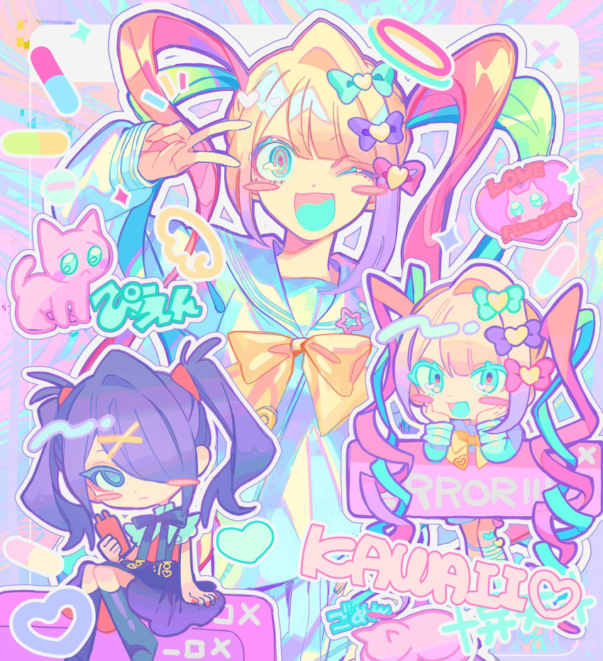 2girls ame-chan_(needy_girl_overdose) bangs blonde_hair blue_bow blue_eyes blue_hair blue_shirt blue_skirt blush bow cat chibi chouzetsusaikawa_tenshi-chan closed_mouth collared_shirt hair_bow hair_ornament hair_over_one_eye hairclip halo heart highres himanemuitoma holding holding_phone long_hair long_sleeves looking_at_viewer multicolored_hair multiple_girls needy_girl_overdose one_eye_closed open_mouth phone pill pink_bow pink_hair pleated_skirt purple_bow purple_hair quad_tails sailor_collar school_uniform serafuku shirt shirt_tucked_in sitting skirt smile sparkle standing suspender_skirt suspenders twintails v very_long_hair x_hair_ornament yellow_bow