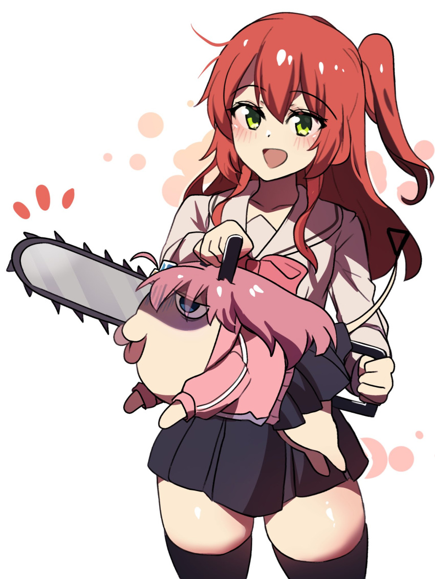 2girls bangs black_skirt black_thighhighs chainsaw chainsaw_man emphasis_lines gotou_hitori green_eyes hair_between_eyes highres hinghoi holding holding_chainsaw holding_weapon hybrid jacket kita_ikuyo long_hair looking_at_viewer medium_hair multiple_girls one_side_up open_mouth pink_hair pink_track_suit pochita_(chainsaw_man) redhead school_uniform serafuku shaded_face simple_background skirt smile thick_thighs thigh-highs thighs tongue tongue_out track_jacket weapon white_background white_serafuku